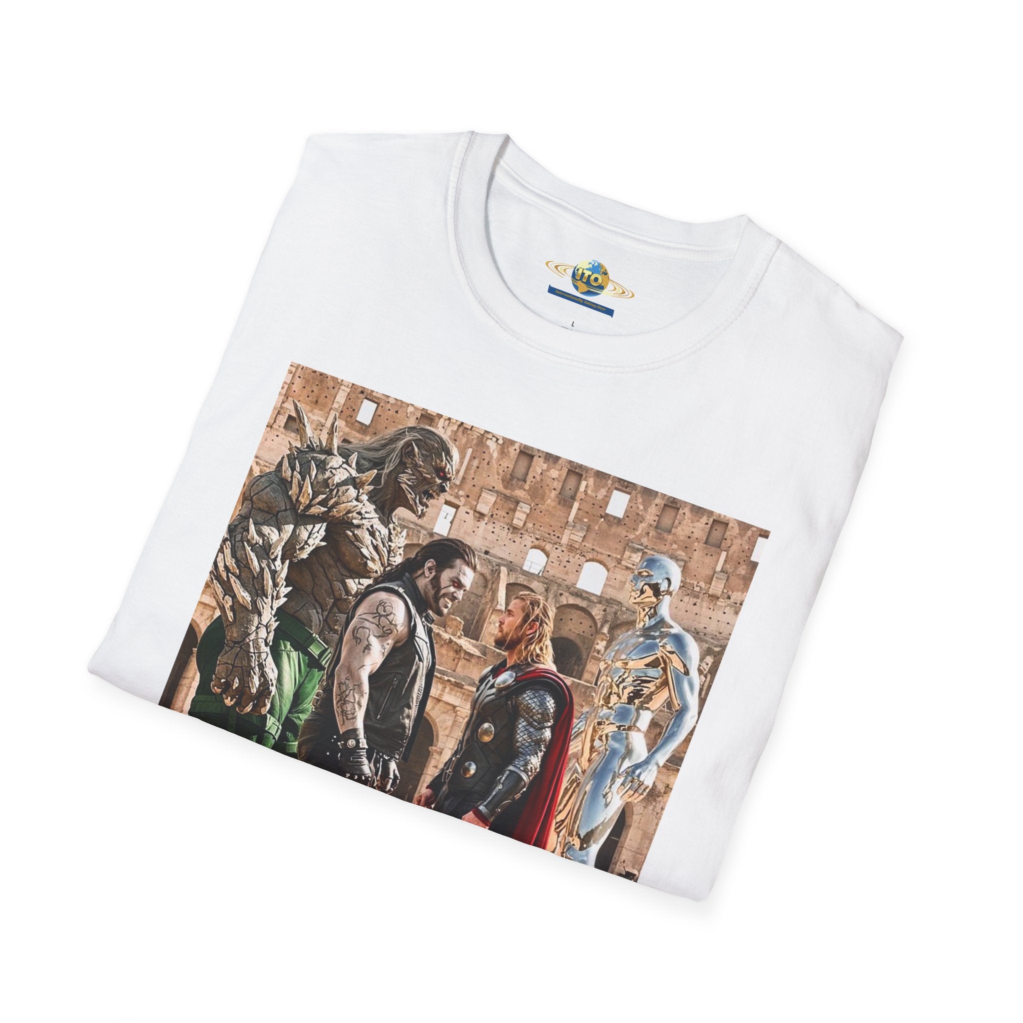 Fantasy Heroes Faceoff T-Shirt — Epic Gladiator Arena Scene