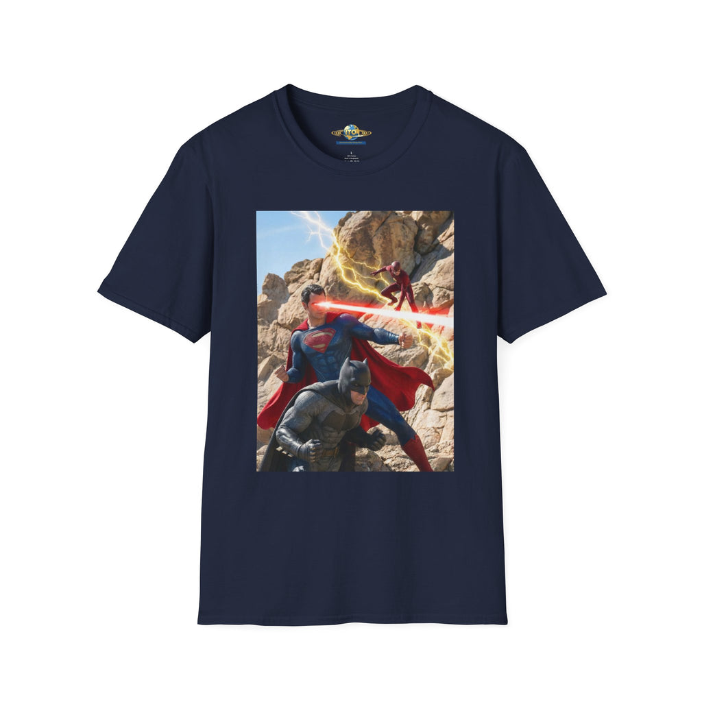 Superhero Action Photo T-Shirt — Dynamic Superman & Batman Graphic Tee