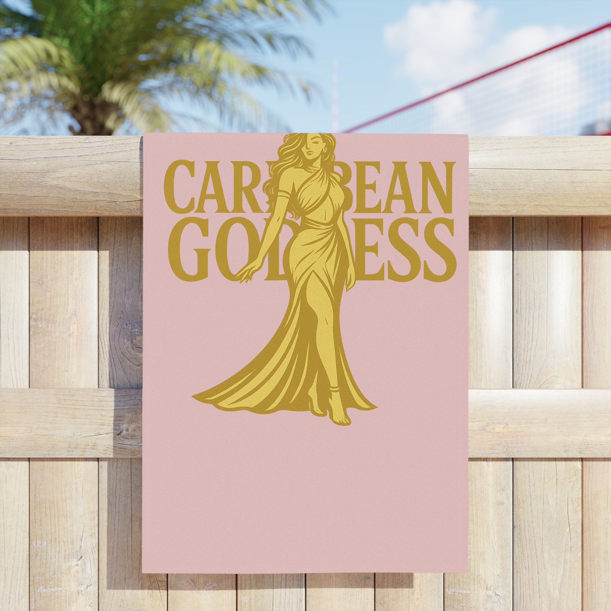 Caribbean Goddess Beach Towel — Pink & Gold Tropical Luxury Towel