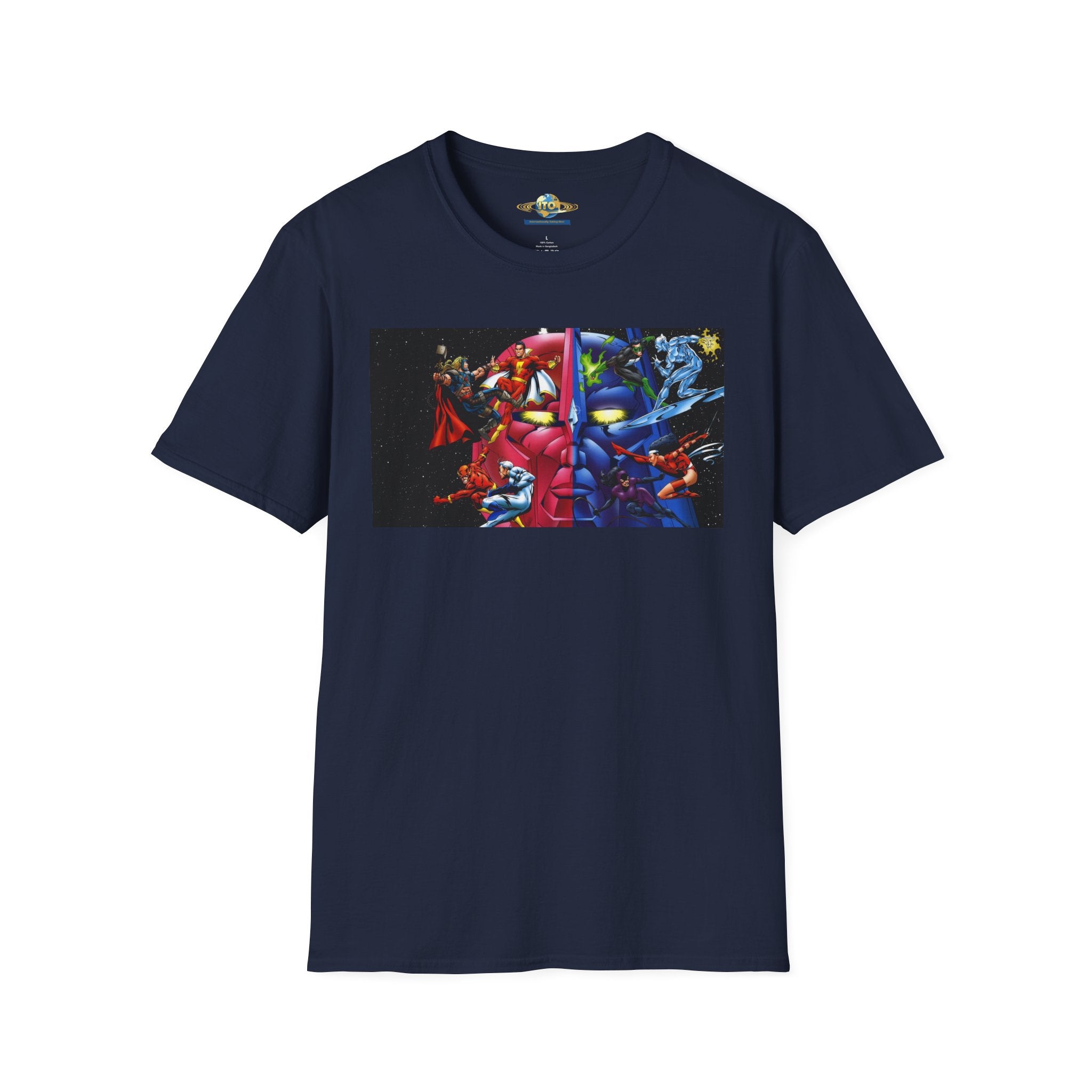 Graphic T-Shirt — Red vs Blue Superhero Action Panel