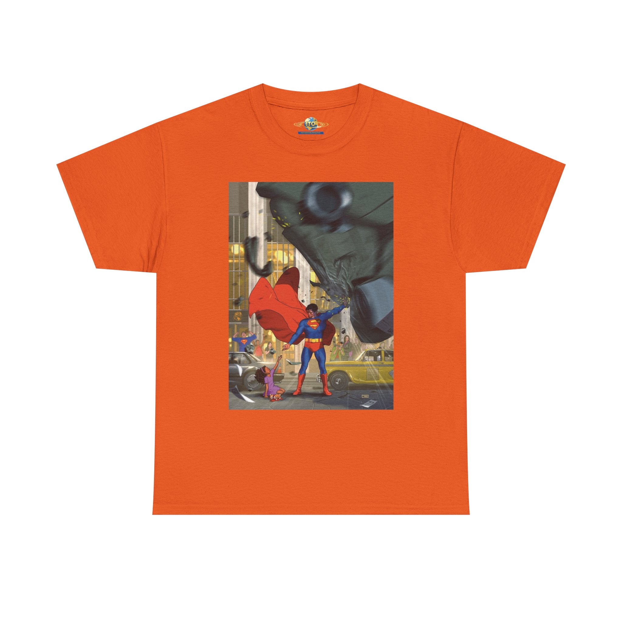 Superhero City Scene T‑Shirt — Retro Superman Urban Illustration Tee