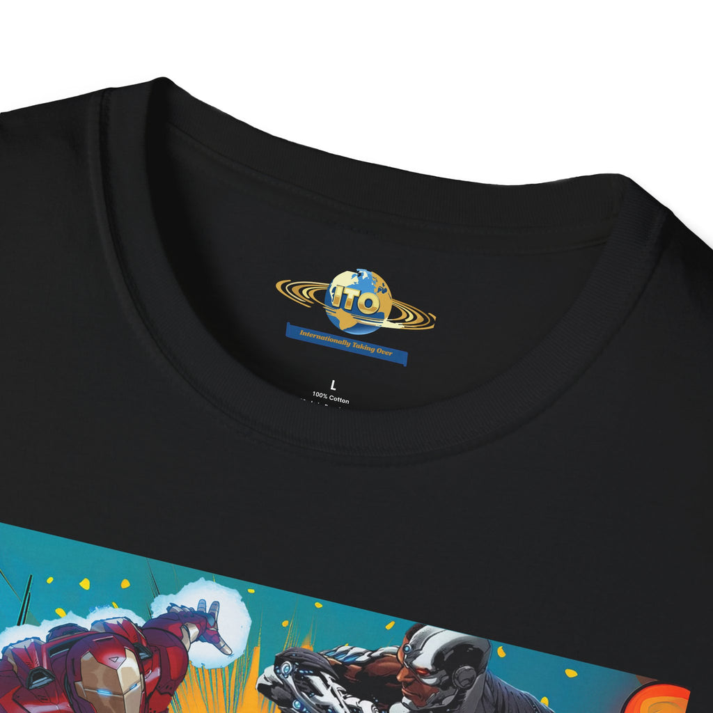 Man Cyborg vs Alien Cyborg Graphic T‑Shirt — Retro Sci‑Fi Battle Tee