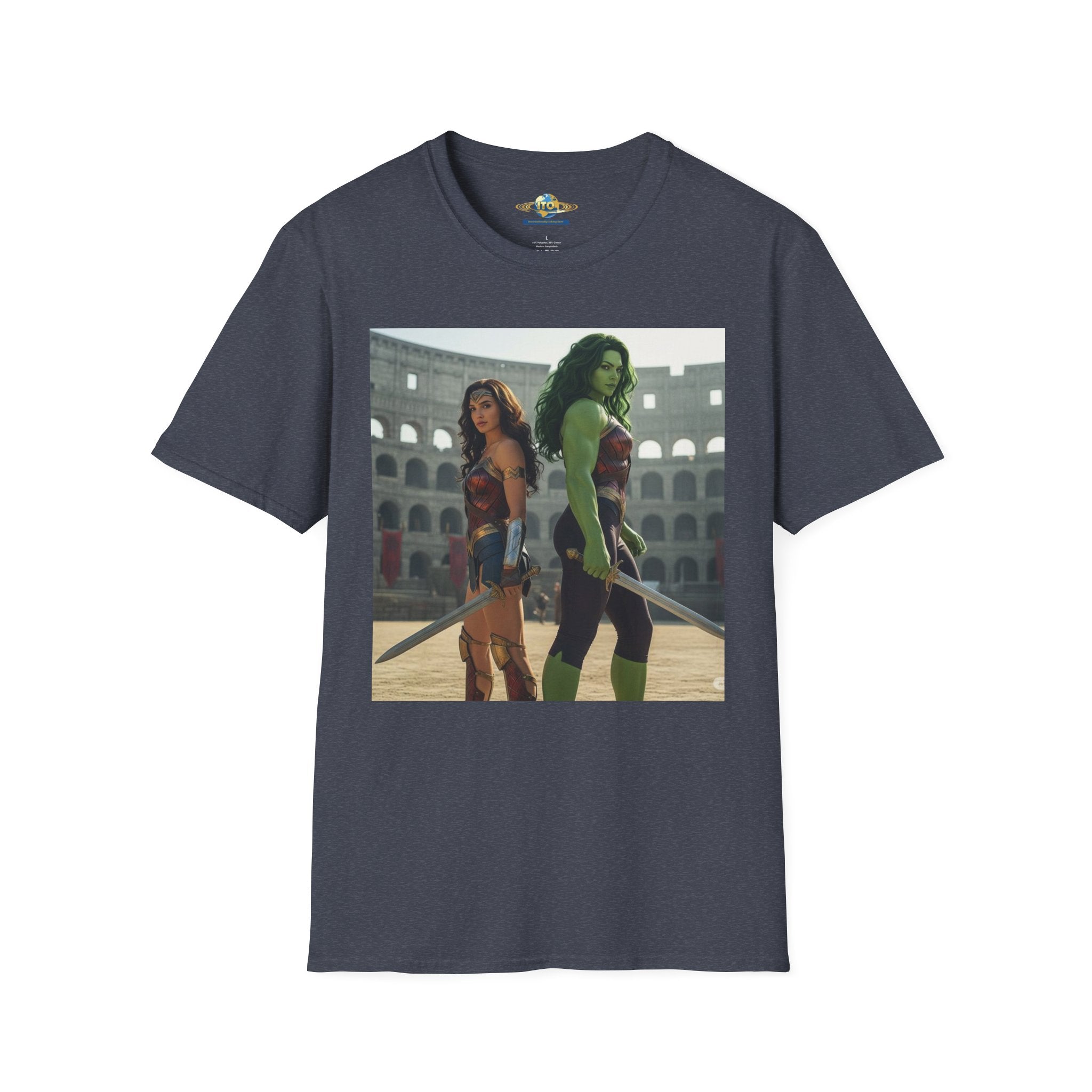 Wonder Warrior Duo T-Shirt — Female Gladiator & Green Hero Graphic Tee
