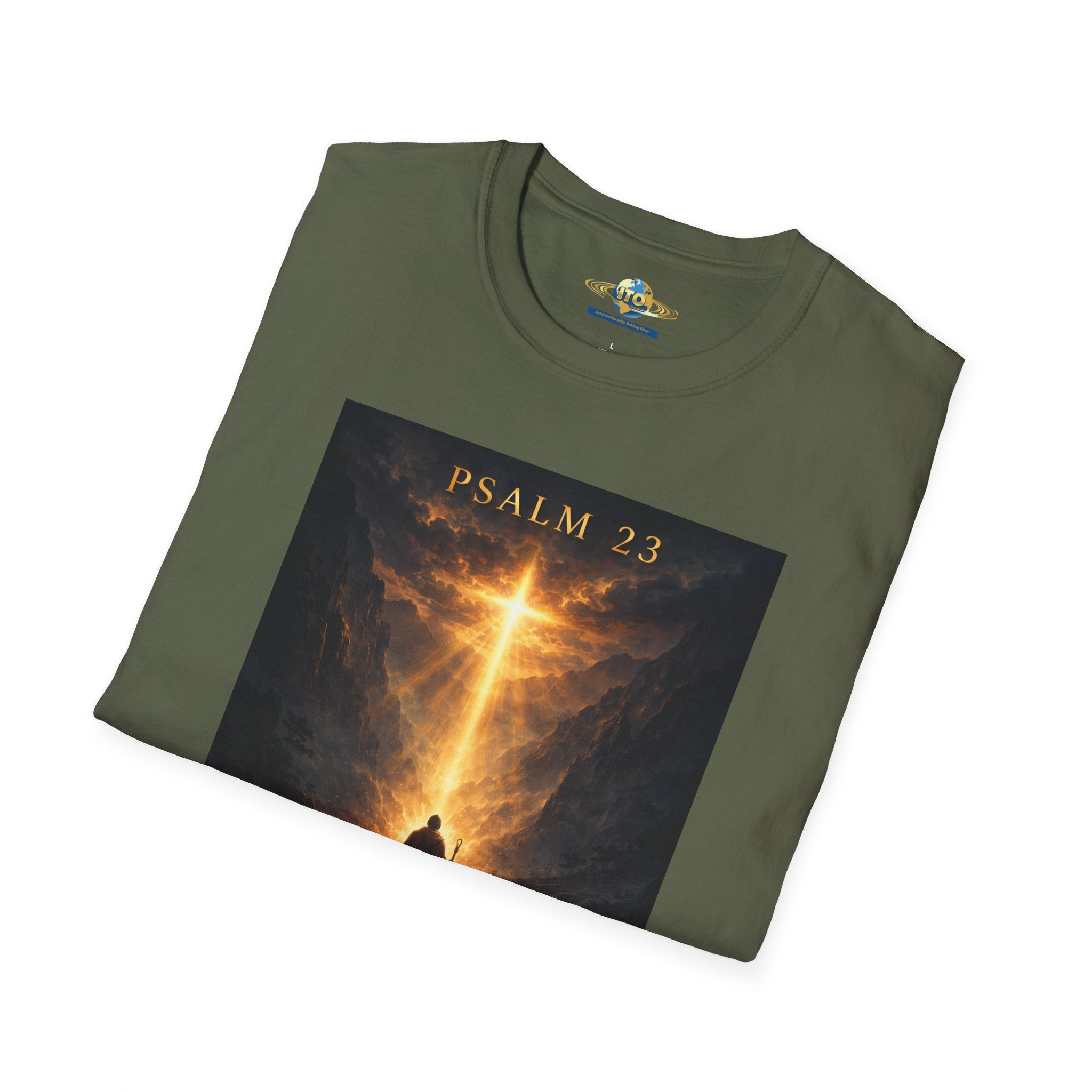 Psalm 23 T-Shirt — Christian Cross & Valley of the Shadow Design