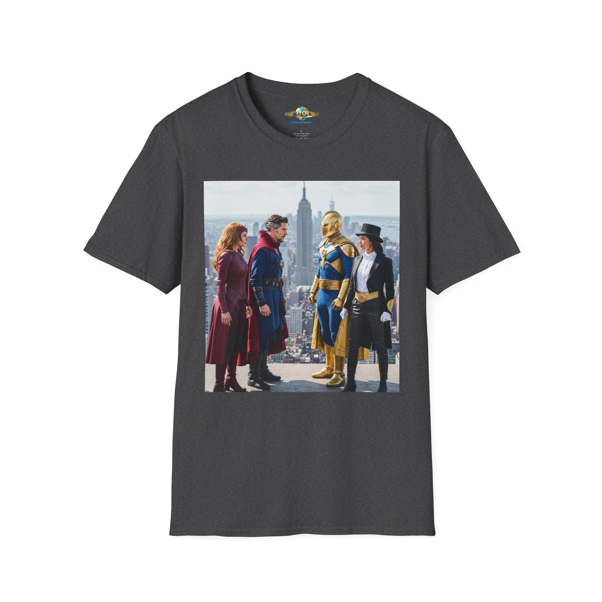 Superhero Team Photo T‑Shirt — Vintage City Rooftop Graphic Tee