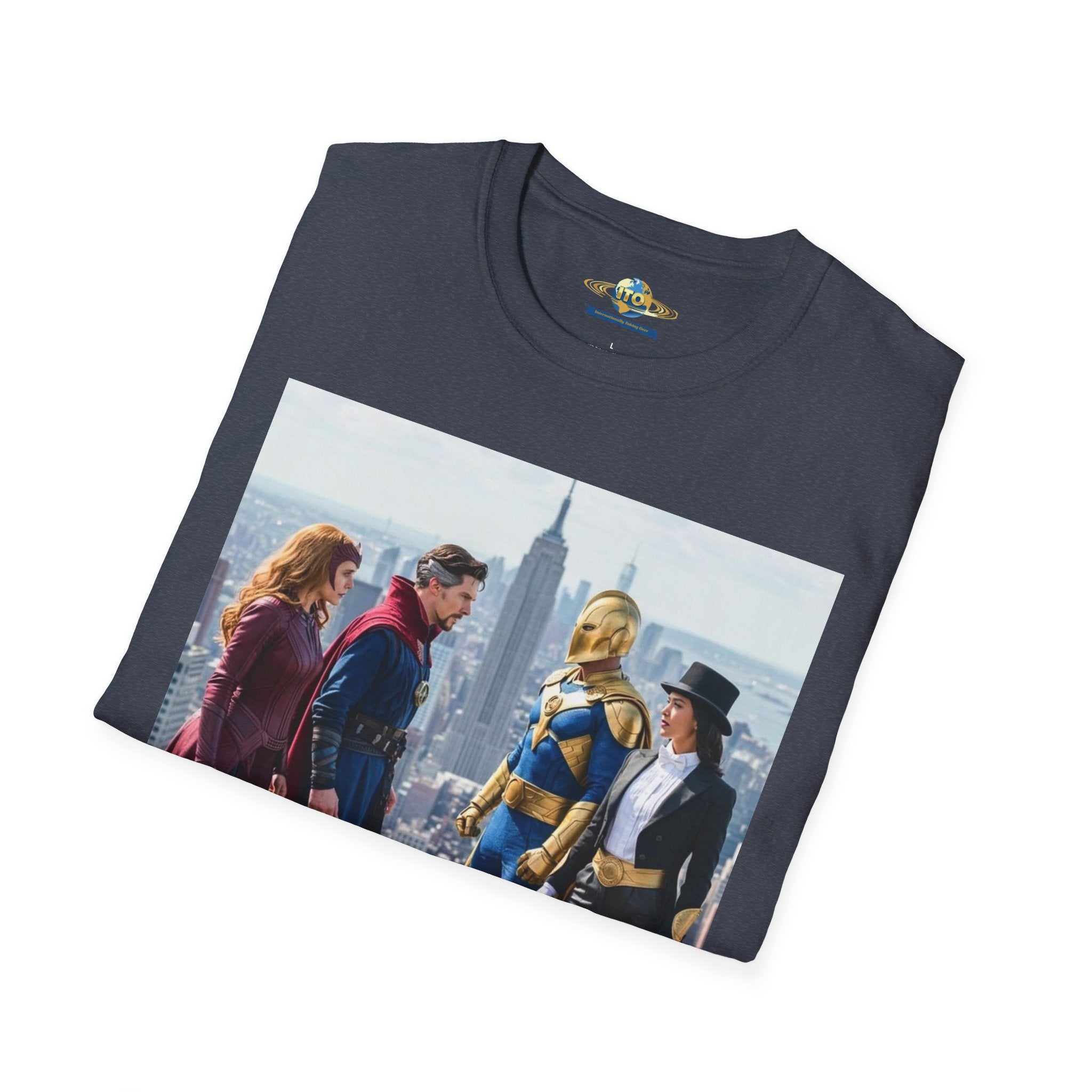 Superhero Team Photo T‑Shirt — Vintage City Rooftop Graphic Tee