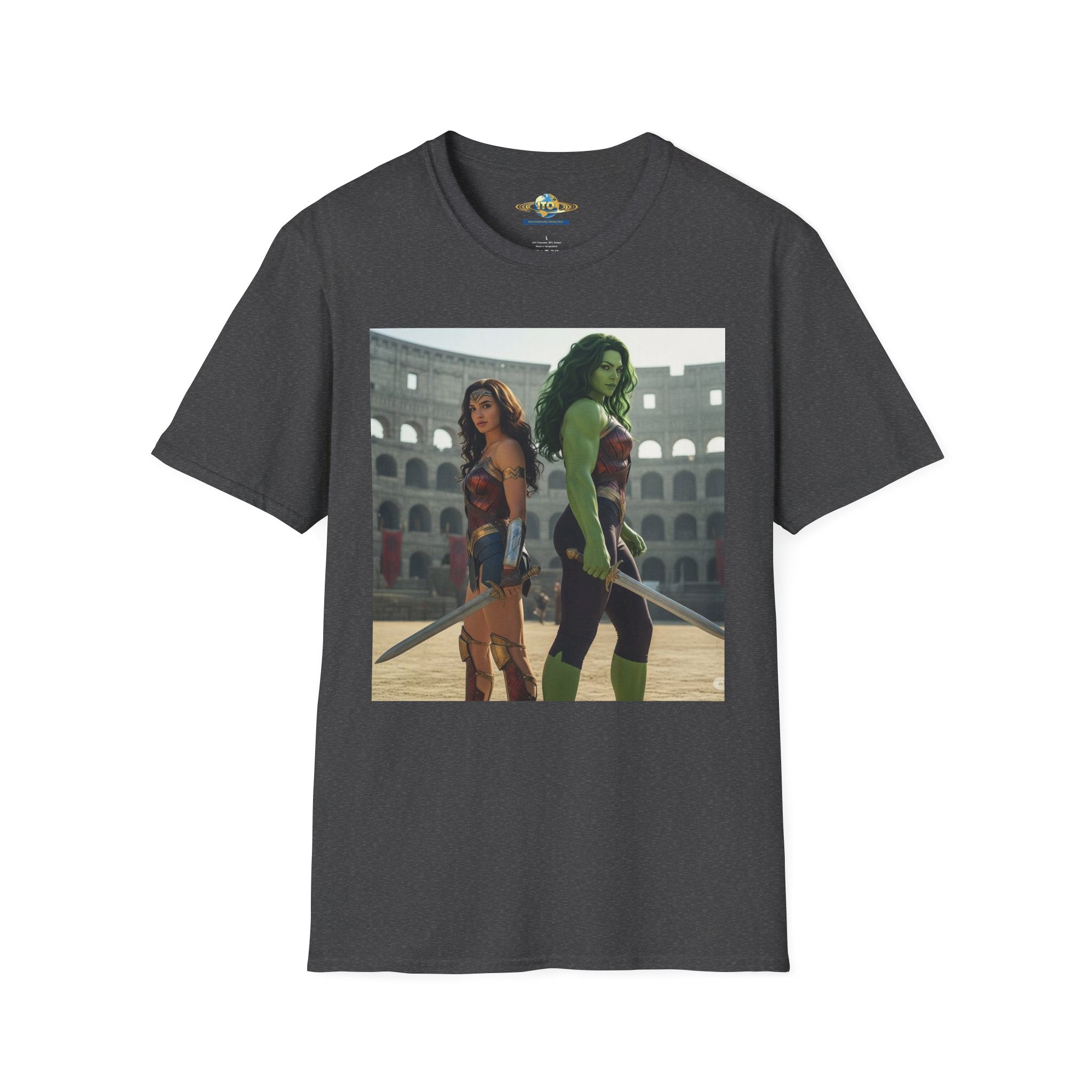 Wonder Warrior Duo T-Shirt — Female Gladiator & Green Hero Graphic Tee