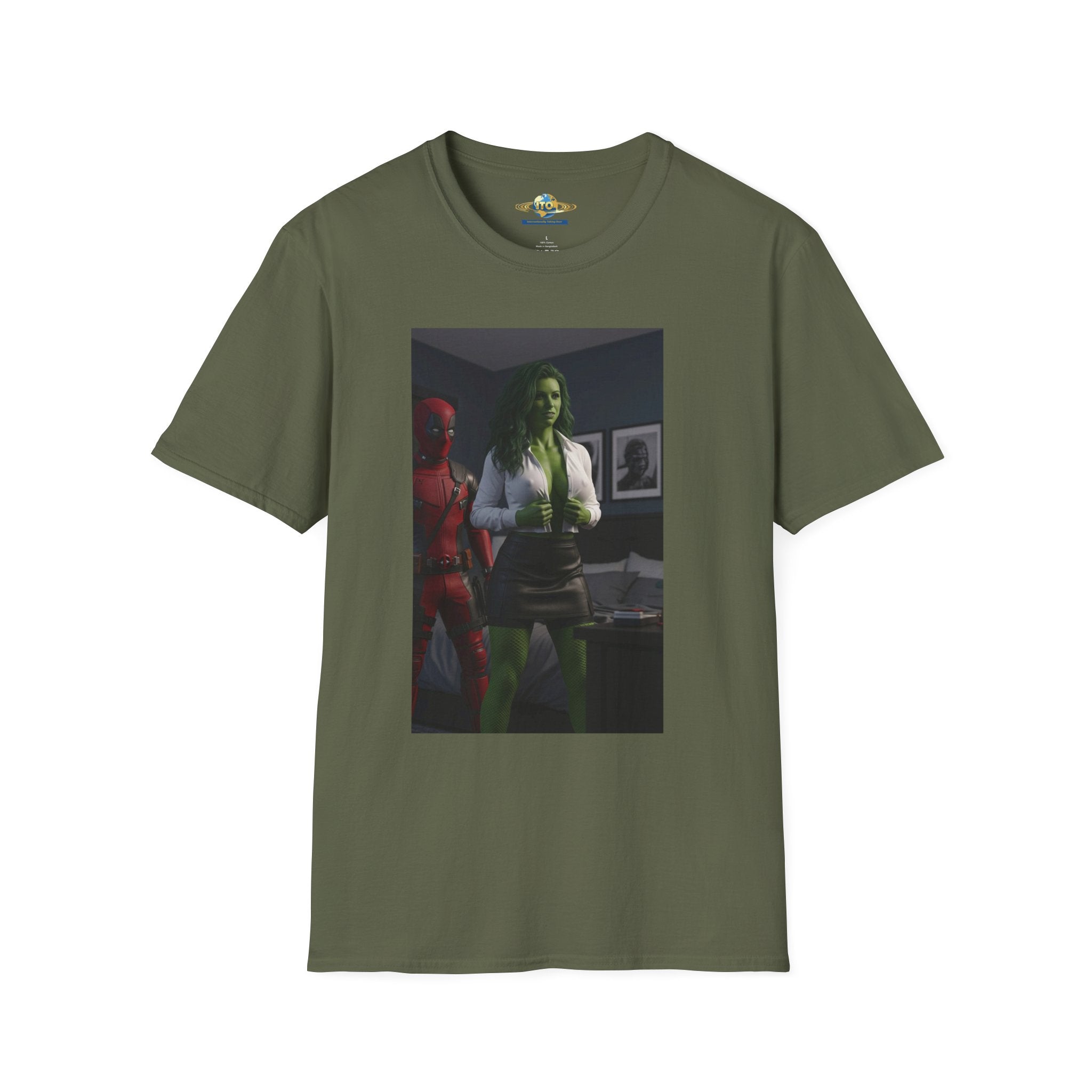 Graphic T‑Shirt — Retro Noir Scene with Green-Hued Woman and Red Figure
