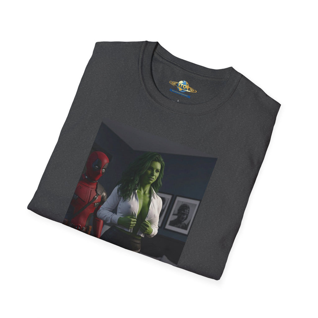 Graphic T‑Shirt — Retro Noir Scene with Green-Hued Woman and Red Figure