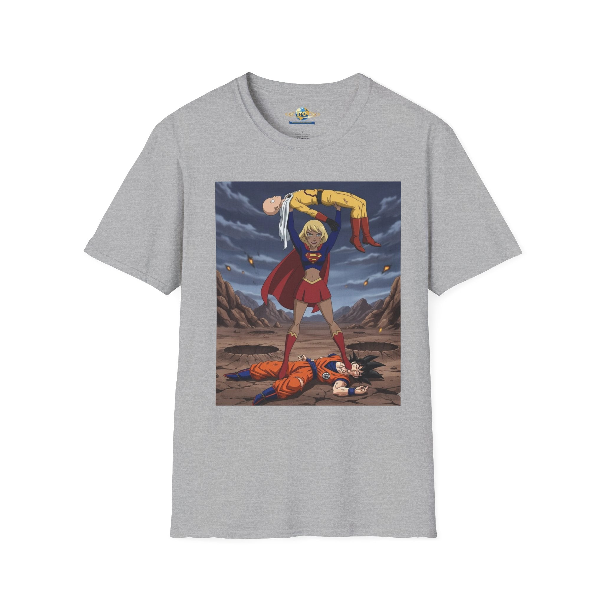 Graphic T-Shirt — Superhero Pose Lifting Villain Illustration