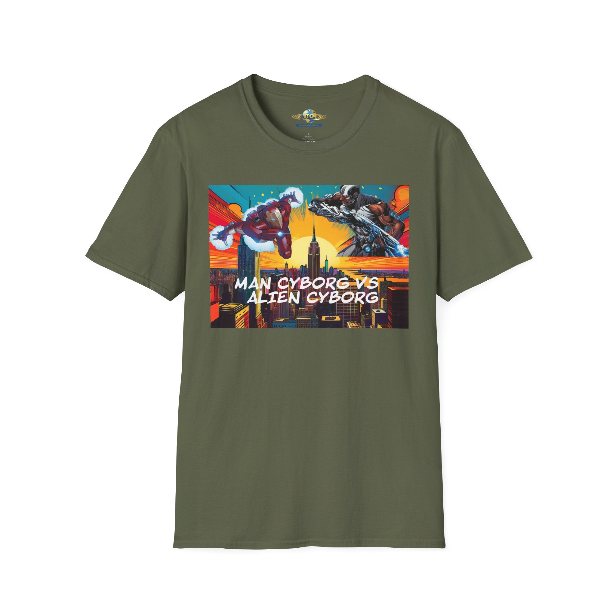 Man Cyborg vs Alien Cyborg Graphic T‑Shirt — Retro Sci‑Fi Battle Tee