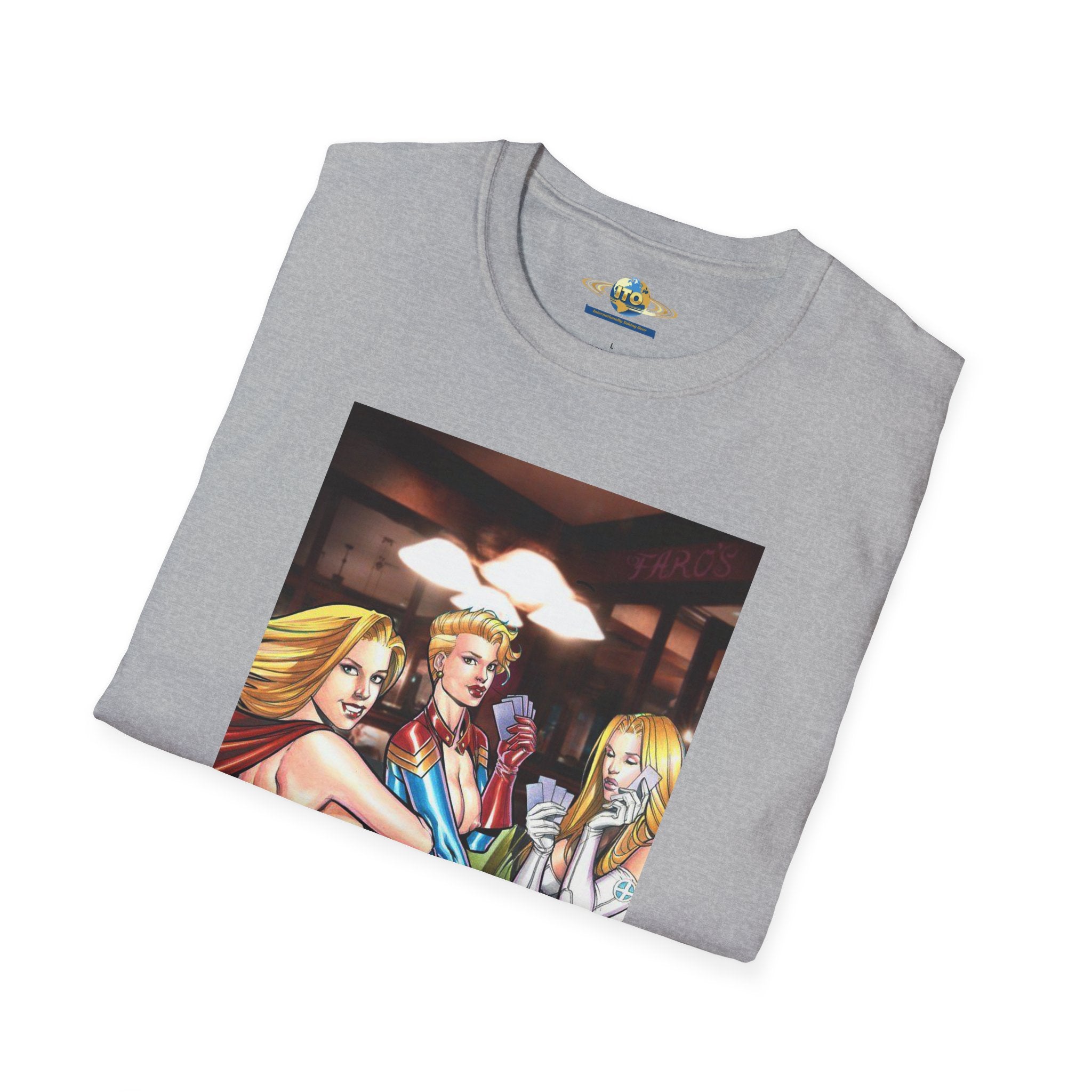 T-Shirt — Retro Pinup Superhero Trio Bar Scene