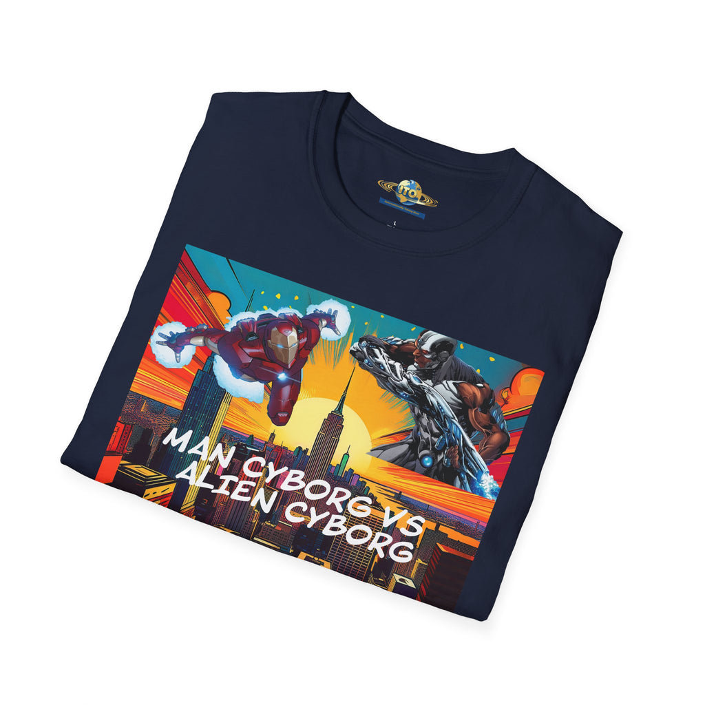 Man Cyborg vs Alien Cyborg Graphic T‑Shirt — Retro Sci‑Fi Battle Tee