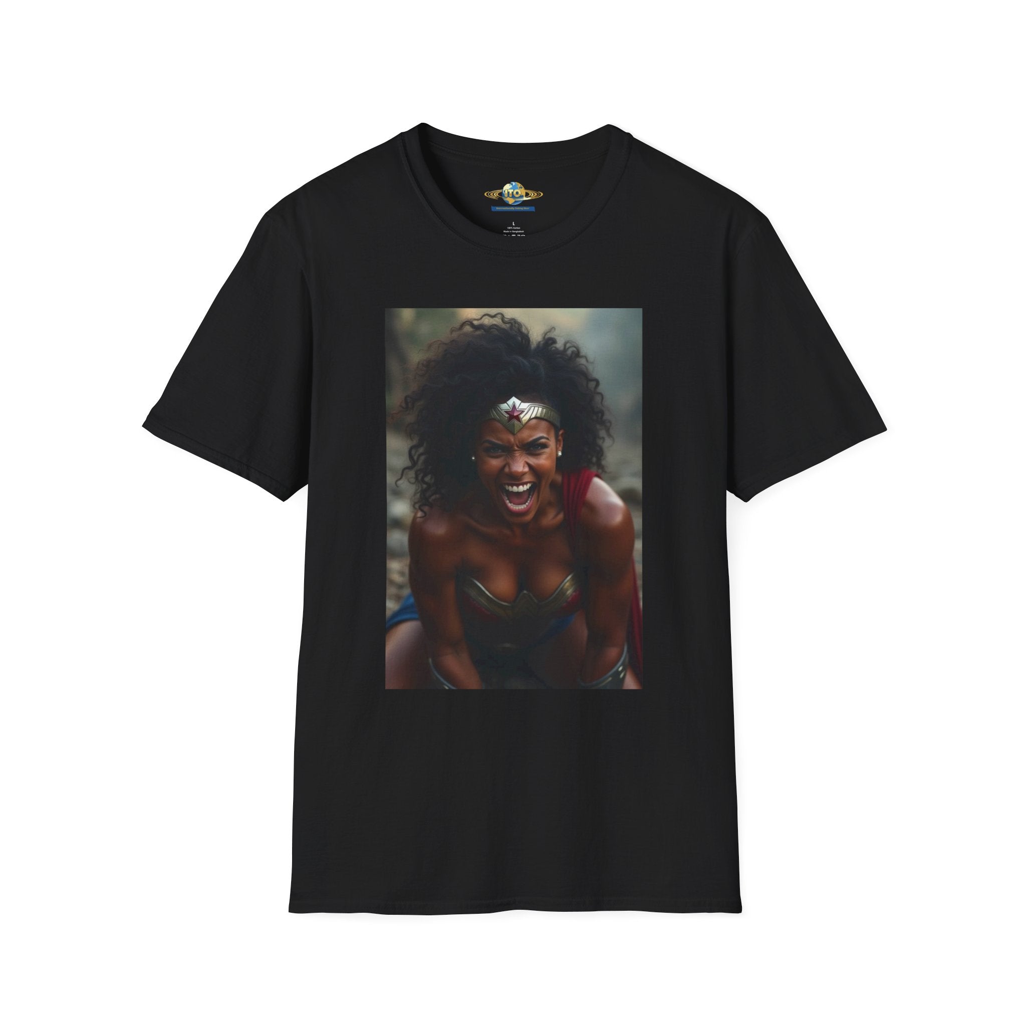Wonder Warrior Photo T-Shirt — Bold Afro Superhero Portrait Tee