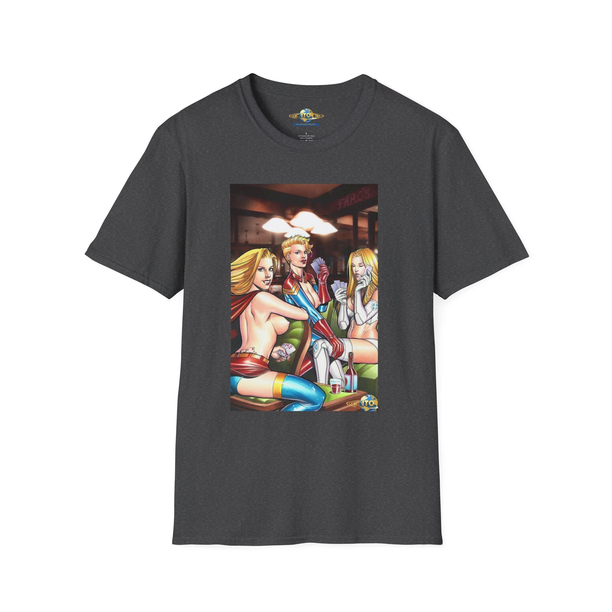 T-Shirt — Retro Pinup Superhero Trio Bar Scene
