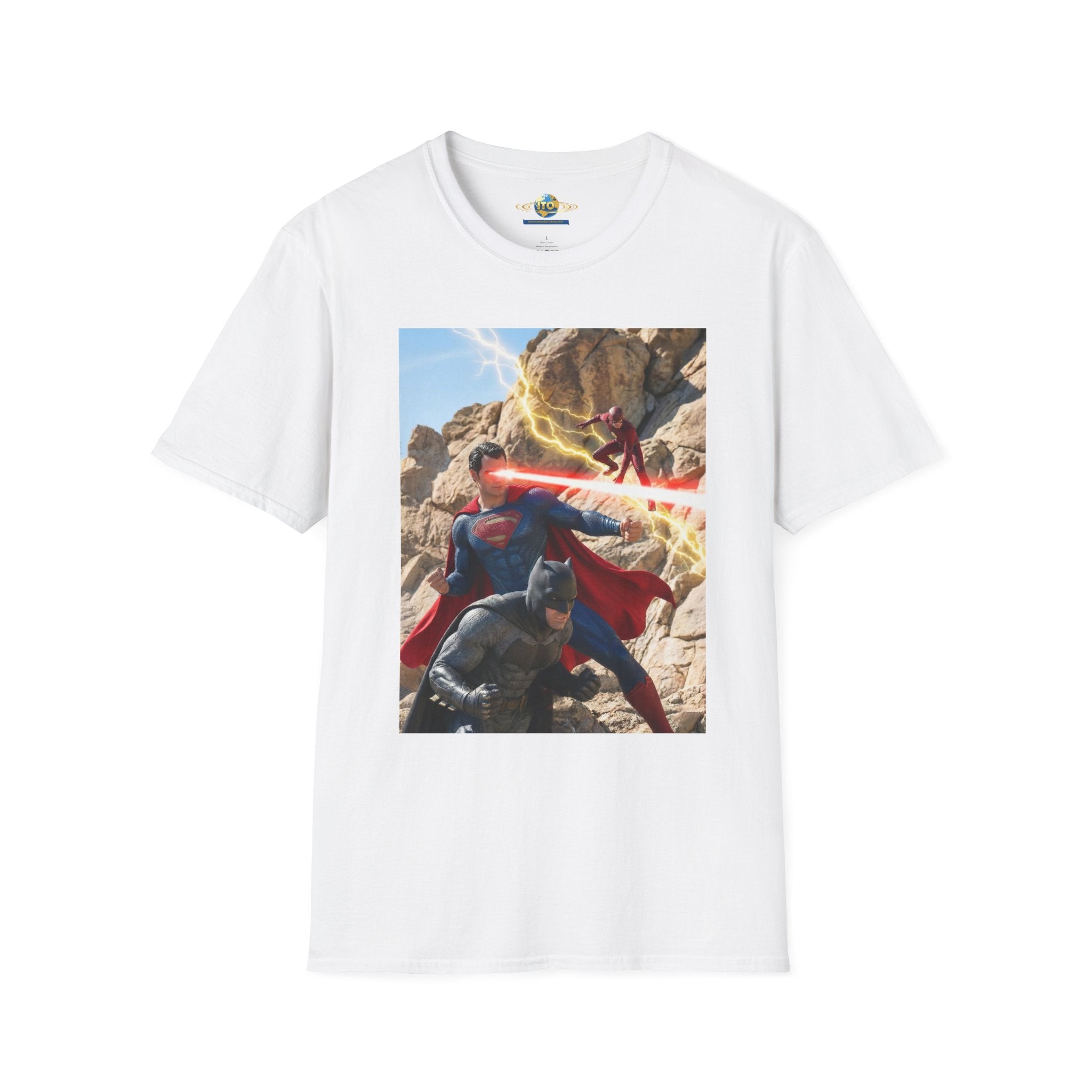 Superhero Action Photo T-Shirt — Dynamic Superman & Batman Graphic Tee