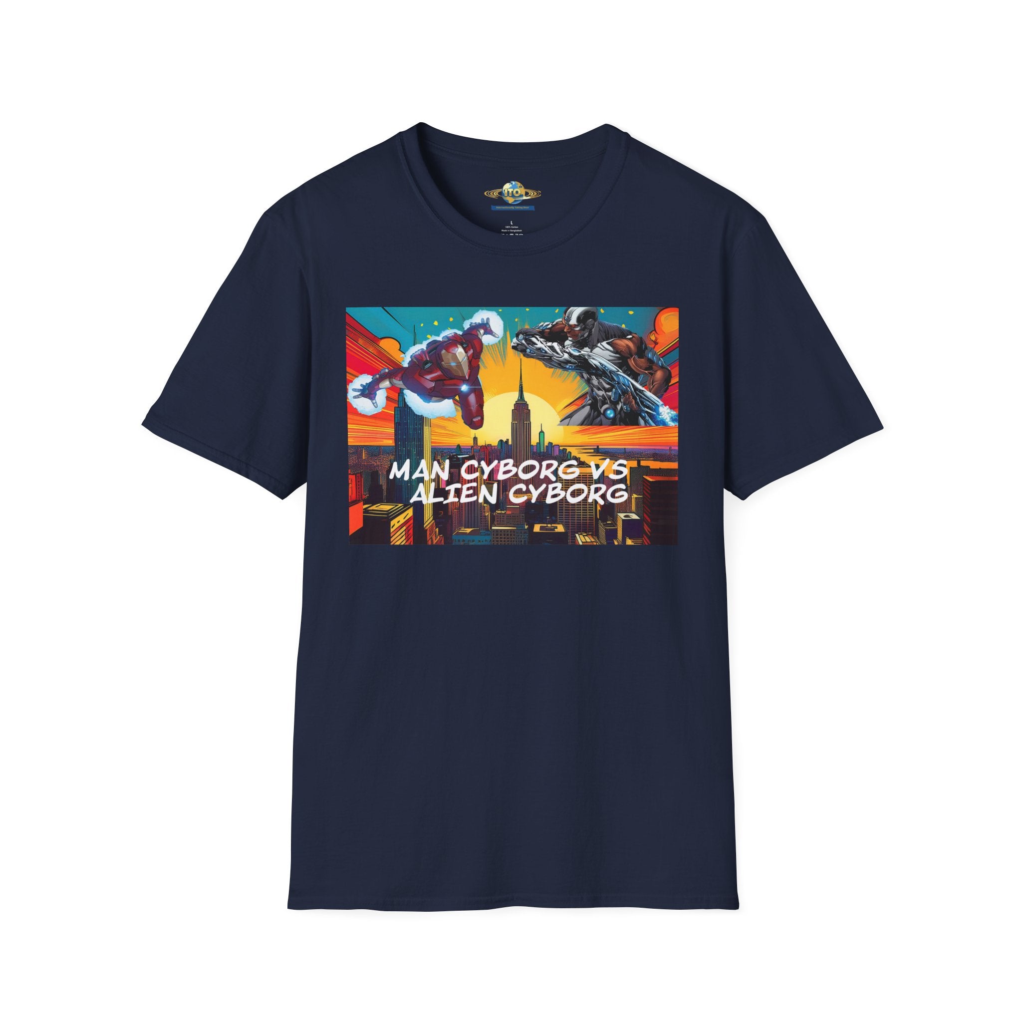 Man Cyborg vs Alien Cyborg Graphic T‑Shirt — Retro Sci‑Fi Battle Tee