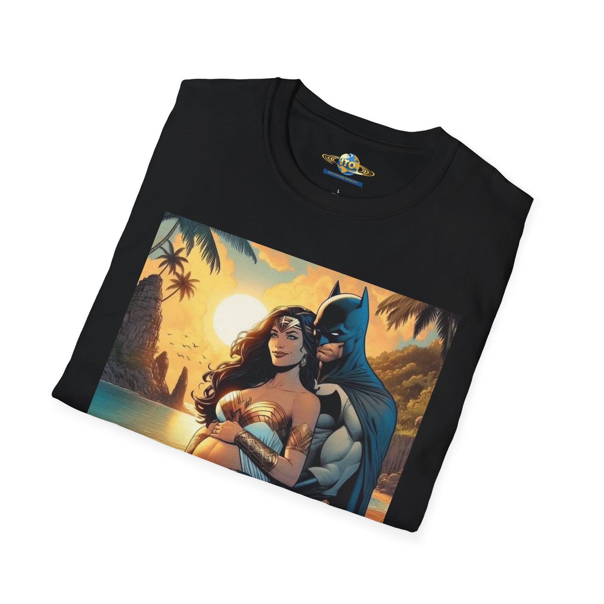 Batman & Wonder Woman Beach Portrait T-Shirt — Sunset Couple Graphic Tee