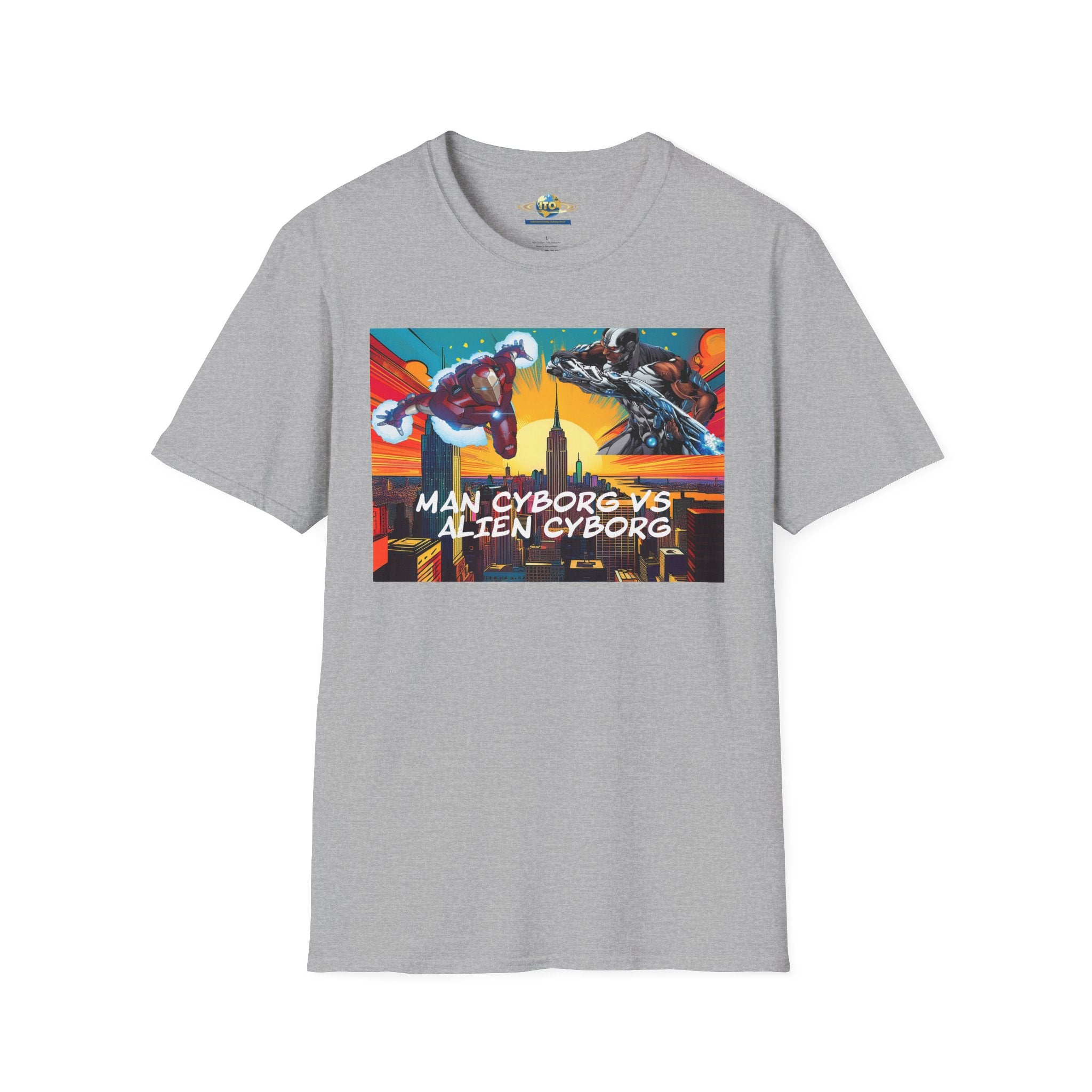 Man Cyborg vs Alien Cyborg Graphic T‑Shirt — Retro Sci‑Fi Battle Tee