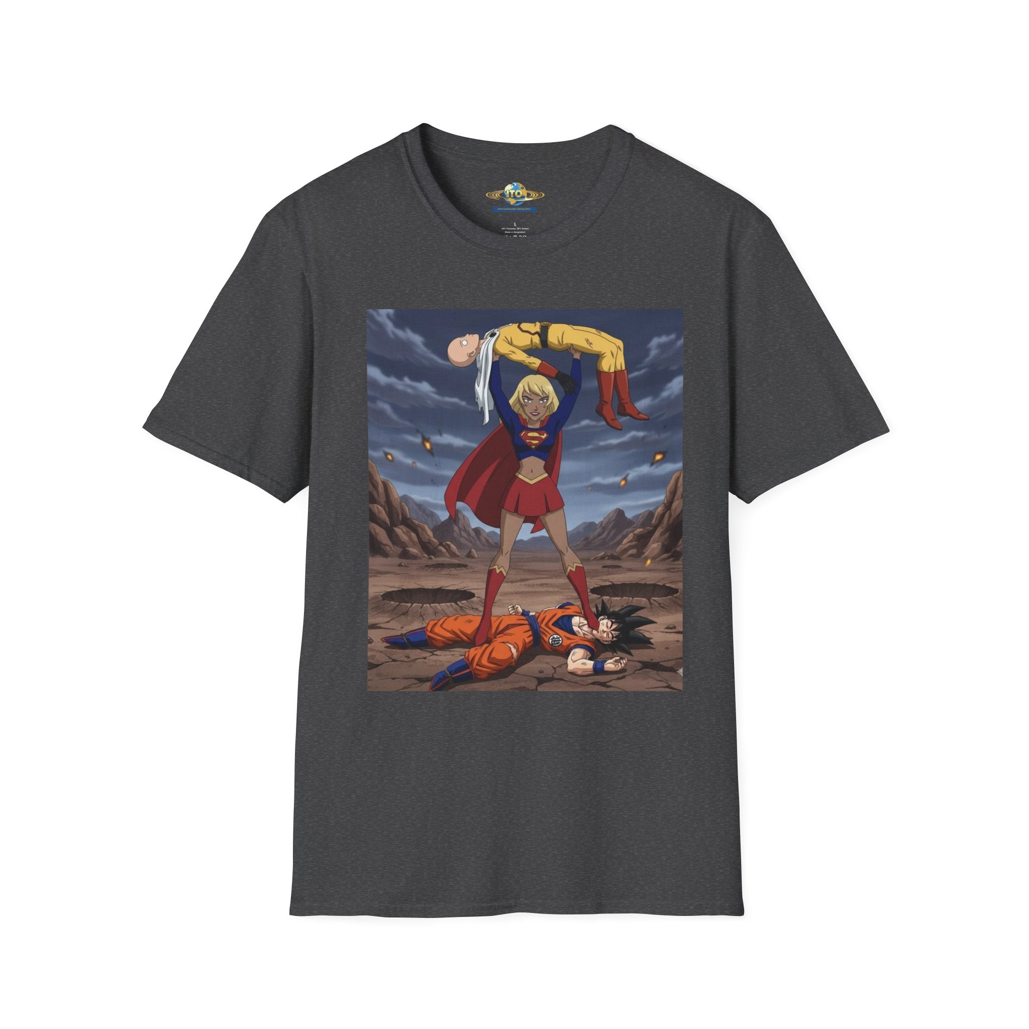 Graphic T-Shirt — Superhero Pose Lifting Villain Illustration