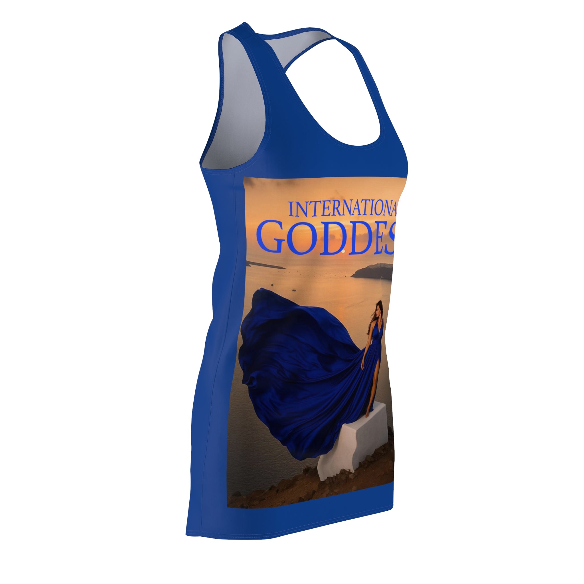 Racerback Dress — "International Goddess" Sunset Print, Flowy Blue Vacation Sundress