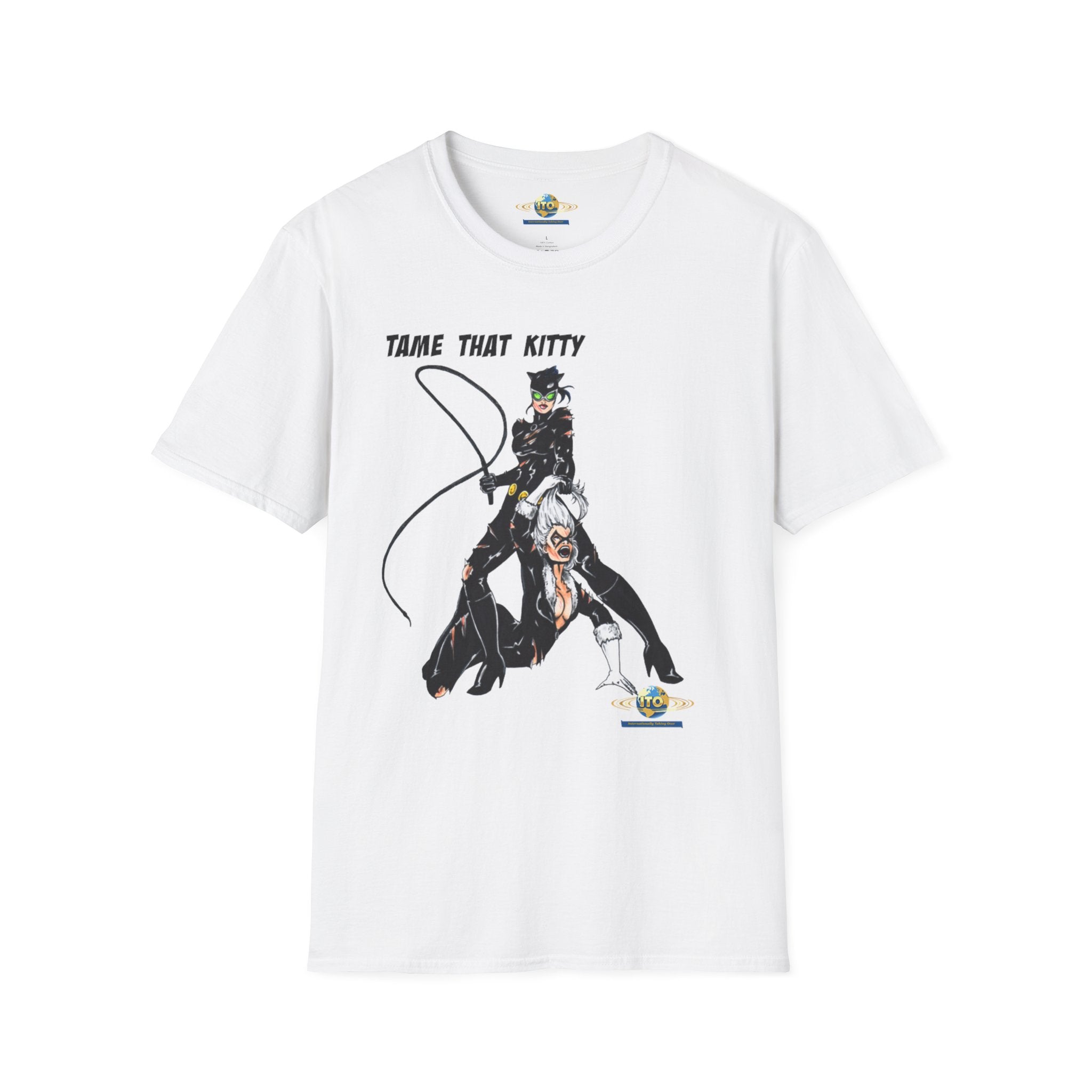 T-Shirt — "Tame That Kitty" Black Cat Whip Illustration