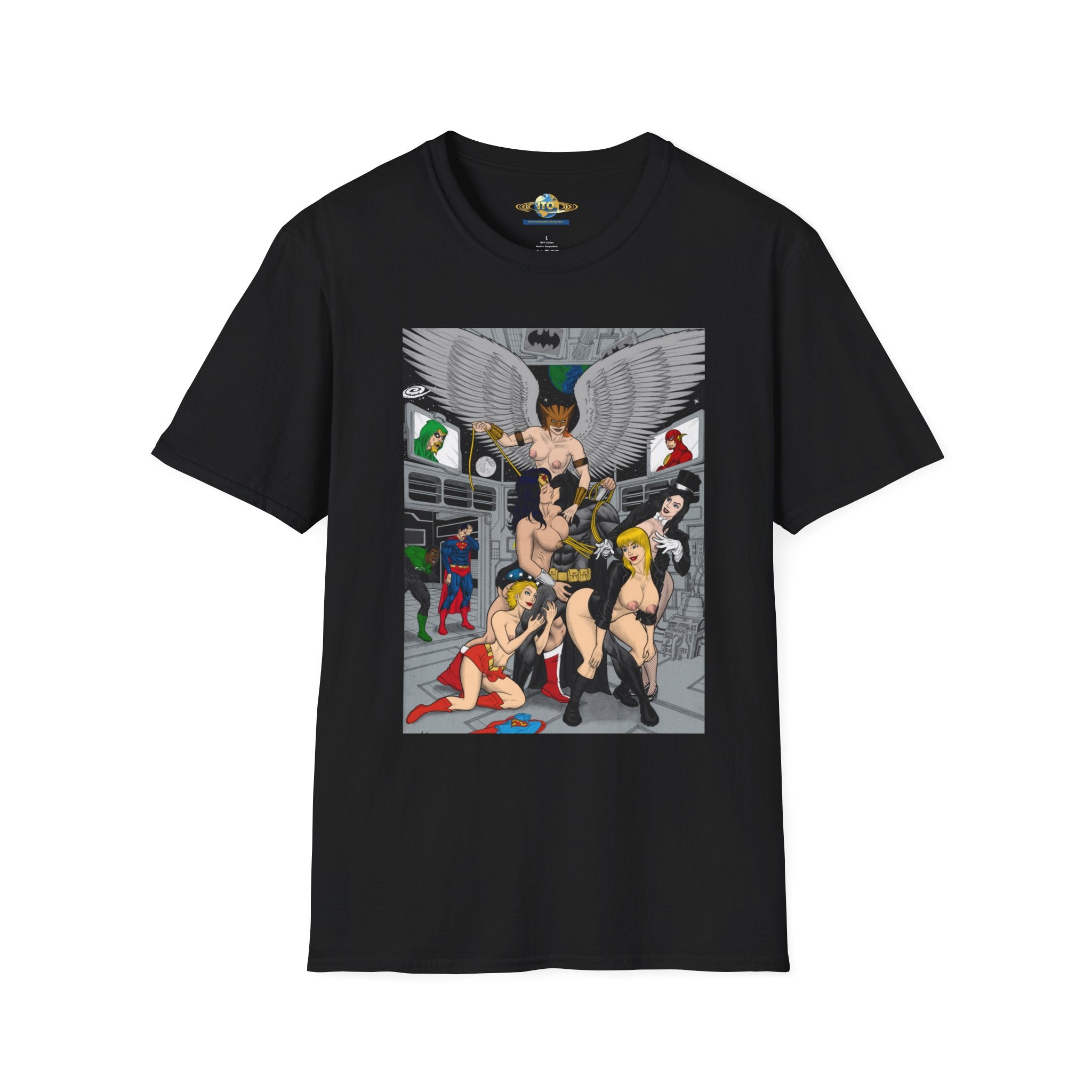 Graphic T-Shirt — Retro Comic Superhero Pinup Scene