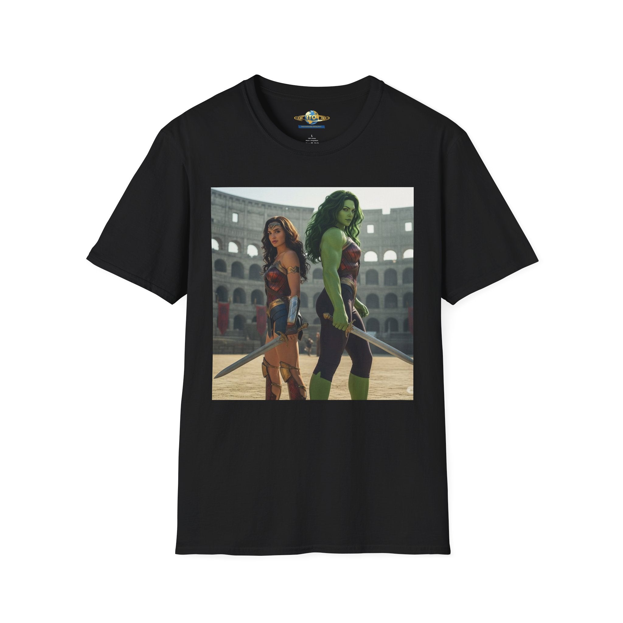 Wonder Warrior Duo T-Shirt — Female Gladiator & Green Hero Graphic Tee