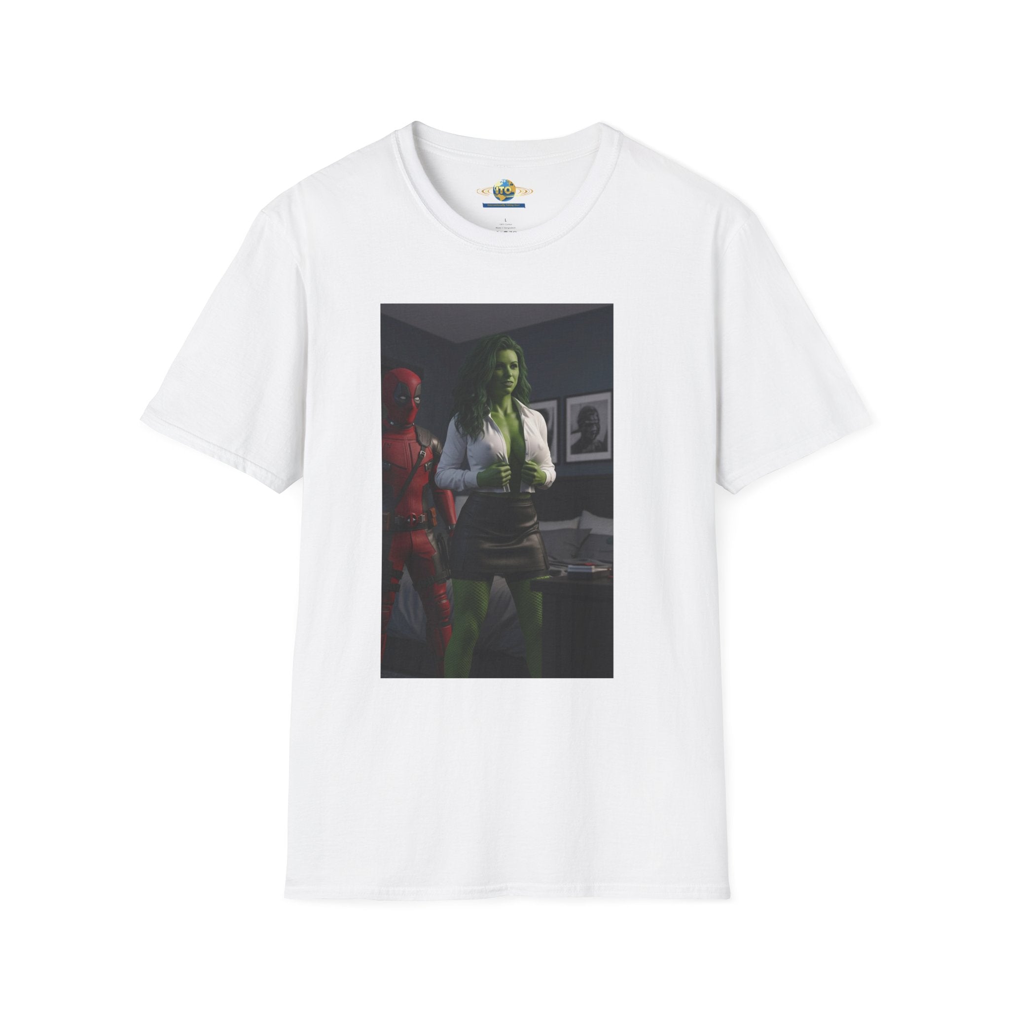 Graphic T‑Shirt — Retro Noir Scene with Green-Hued Woman and Red Figure