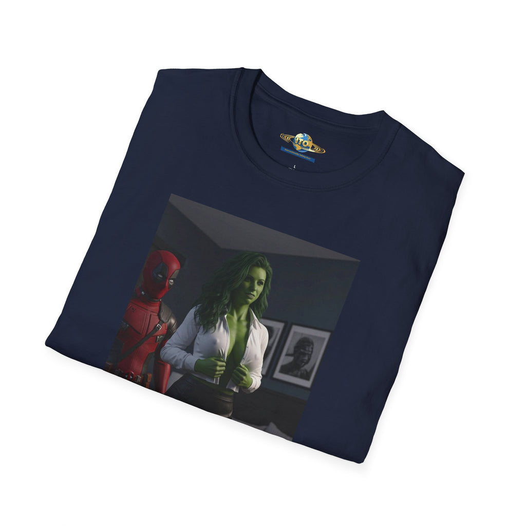 Graphic T‑Shirt — Retro Noir Scene with Green-Hued Woman and Red Figure