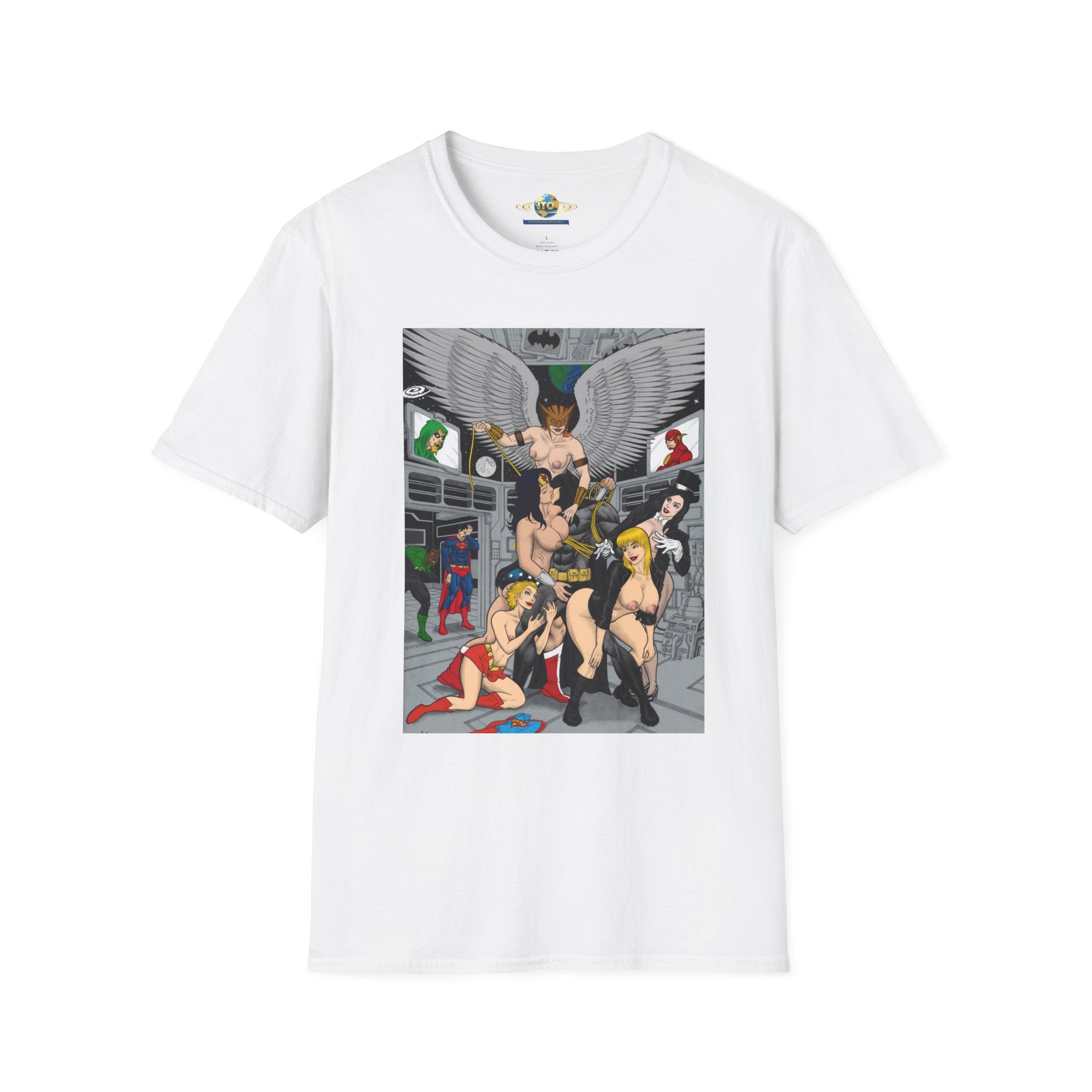 Graphic T-Shirt — Retro Comic Superhero Pinup Scene