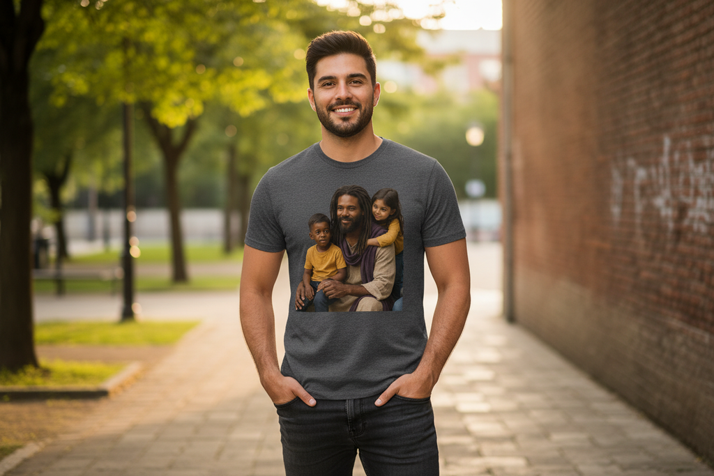 Latino father wearing God's Love design