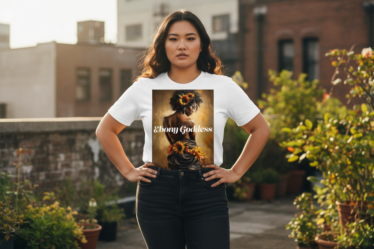 Plus-size Asian woman wearing Ebony Goddess sunset