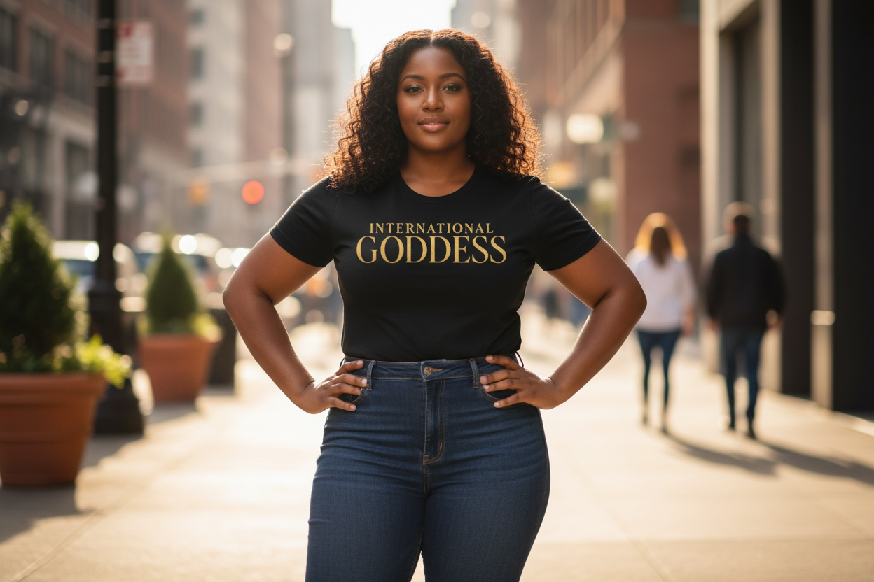 Plus-size Black woman wearing International Goddess