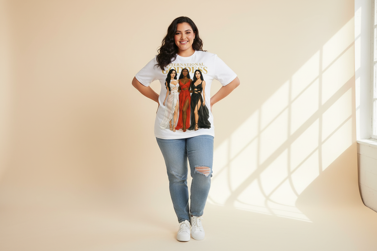 Plus-size Latina woman wearing Ebony Goddess