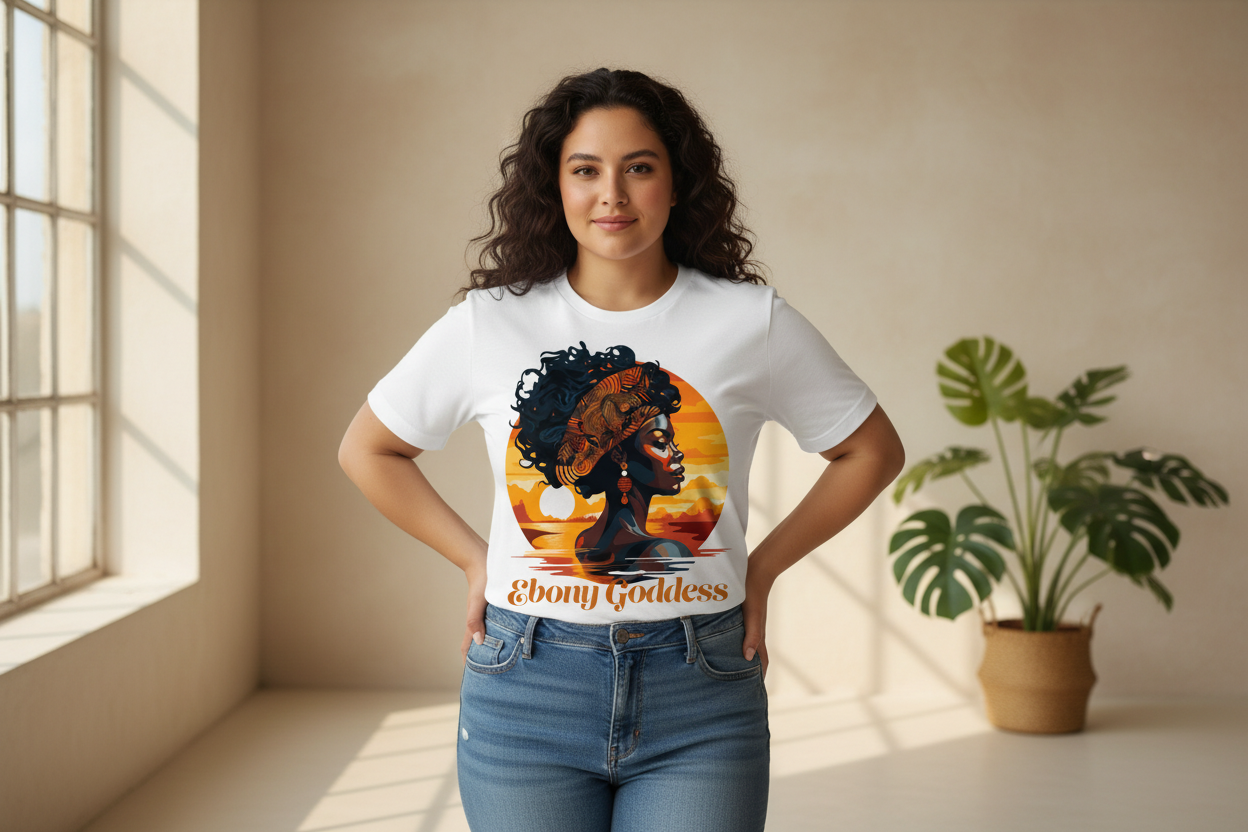 Plus-size Middle Eastern woman wearing Ebony Goddess sunflower