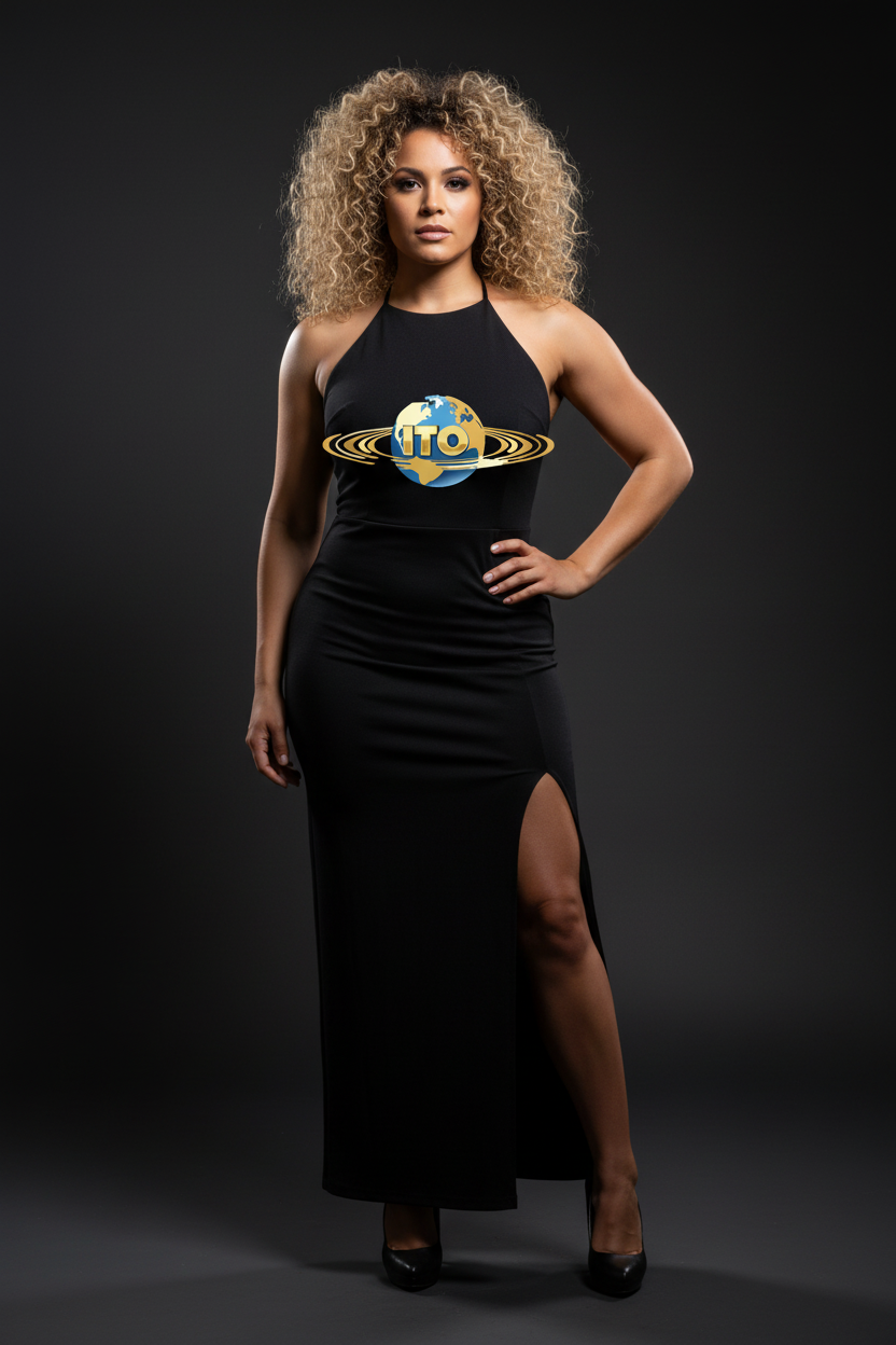 Studio shot with centered ITO logo on black dress