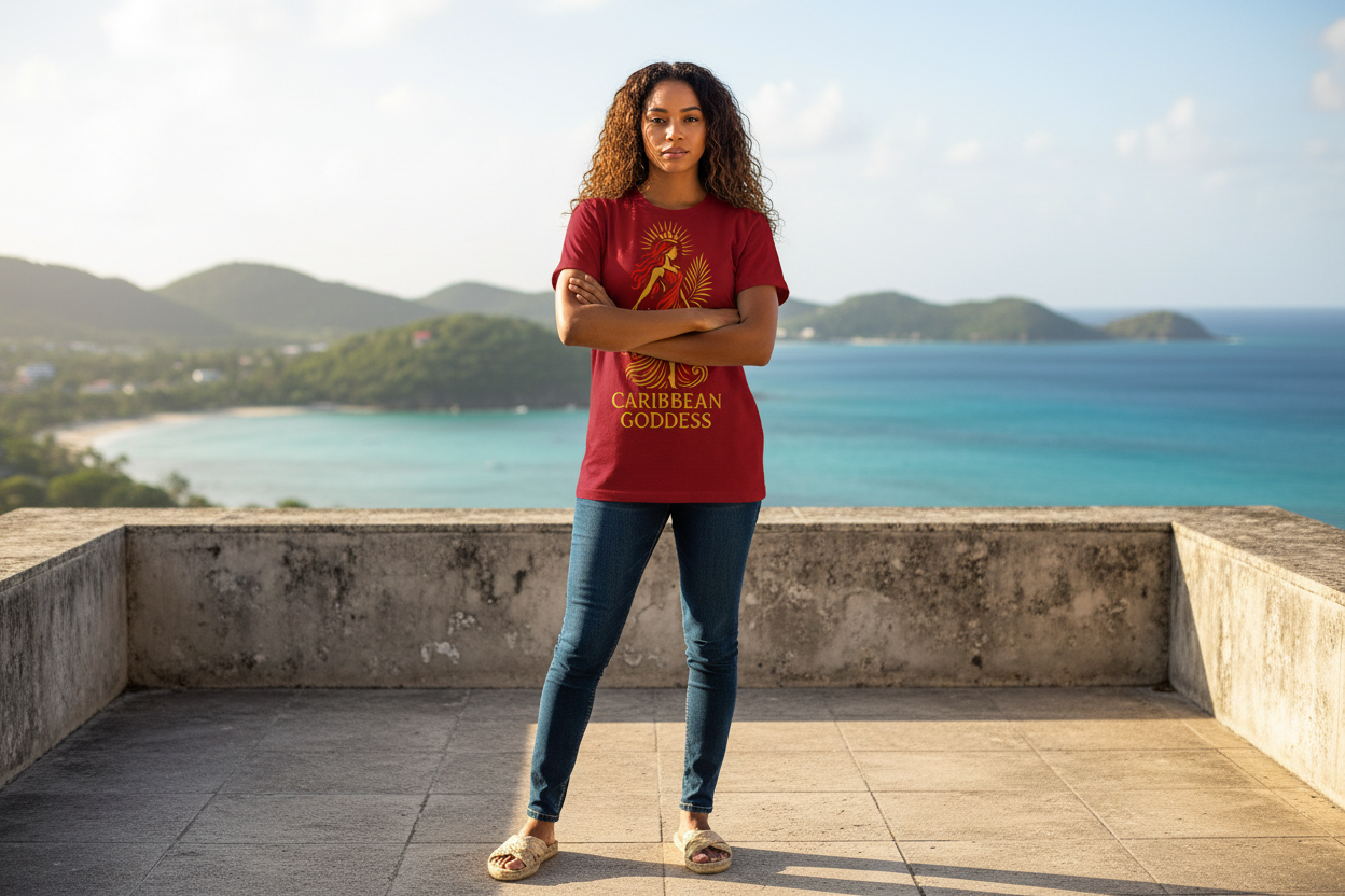 Woman wearing Caribbean Goddess t-shirt