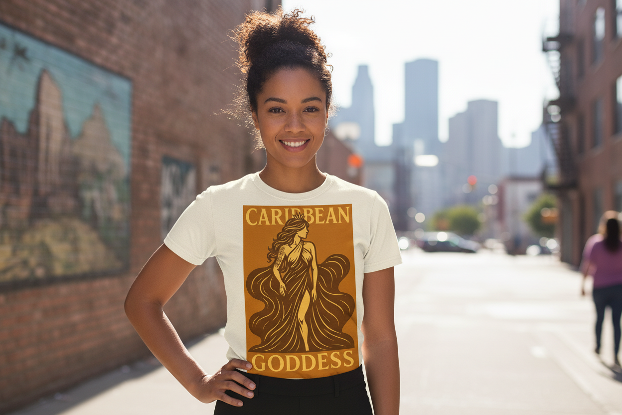 Woman wearing Caribbean Goddess t-shirt