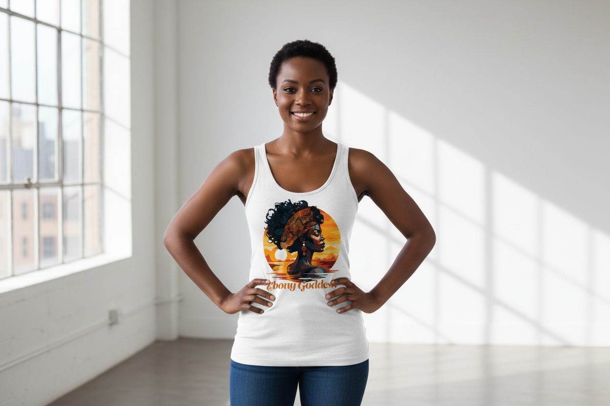 Woman wearing Ebony Goddess sunset tank top