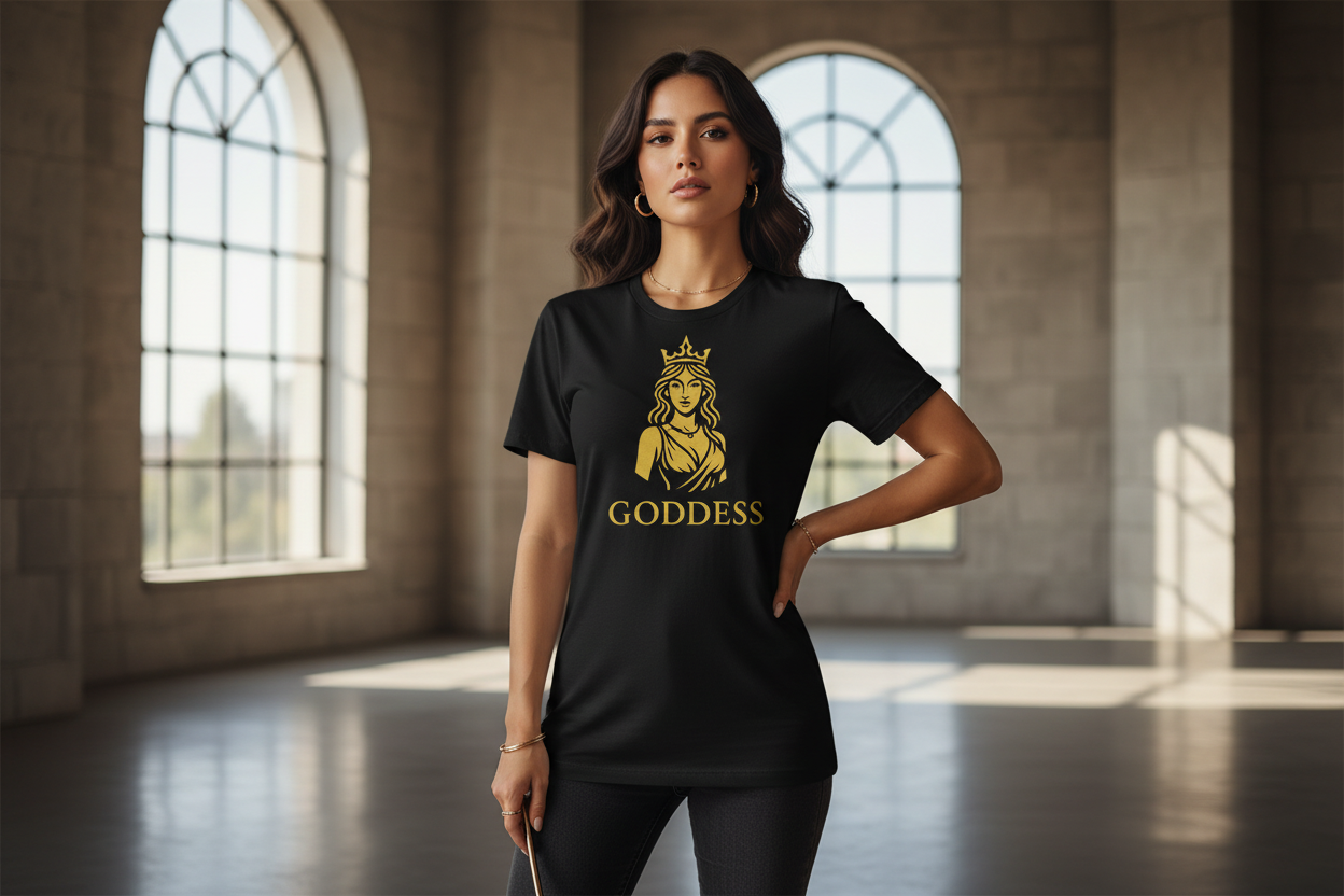 Woman wearing Goddess t-shirt