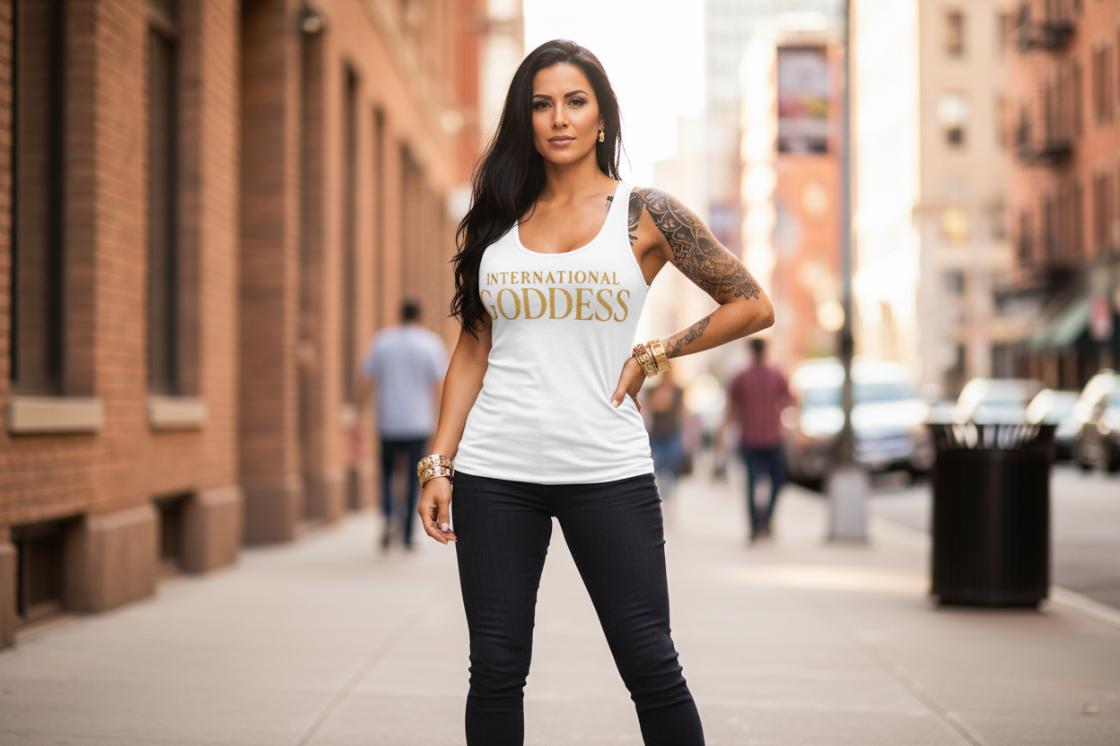 Woman wearing your International Goddess tank top